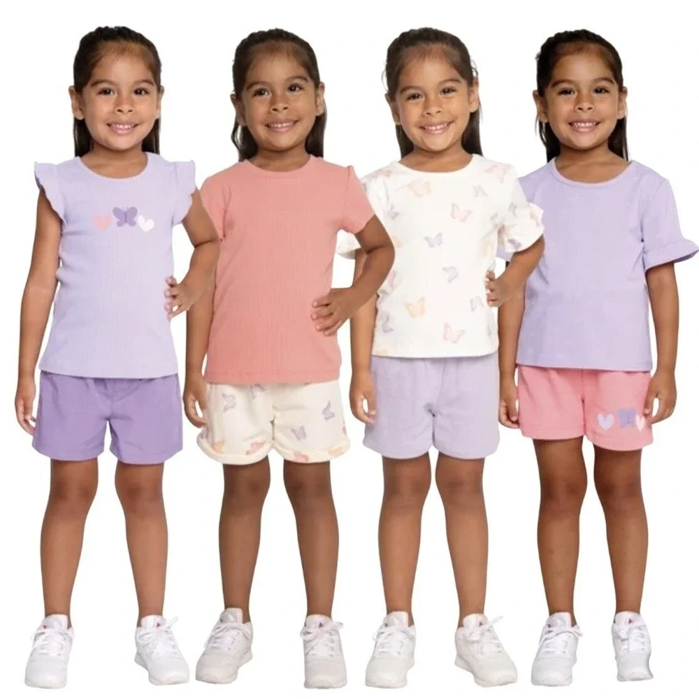 Pekkle Girls 4 Pack Pull On Elastic Waist Shorts Purple Pink Butterfly Hearts 2T